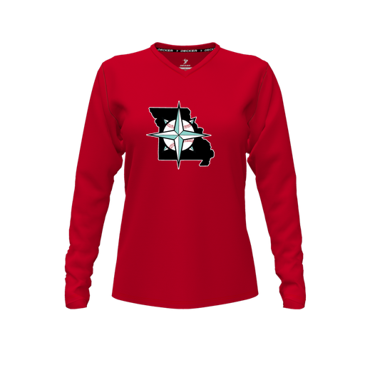 [FTLVCFRD-FYXS-LOGO3] Decker Comfort T-Shirt (Female Youth XS, Red, V Neck, Logo 3, Long Sleeve)